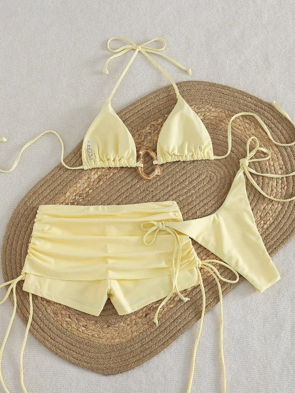 Yellow Elegant Women's Bikini Swimwear Set Backless Top & Shorts